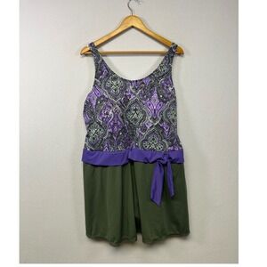Boho Paisley D&Co. Beach Womens 22W Purple Green Skirted Swimdress Swimsuit